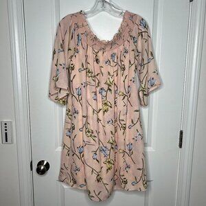 DR2 Floral Mini Dress Medium Lined Delicate Pink On/Off Shoulder Option Smocked